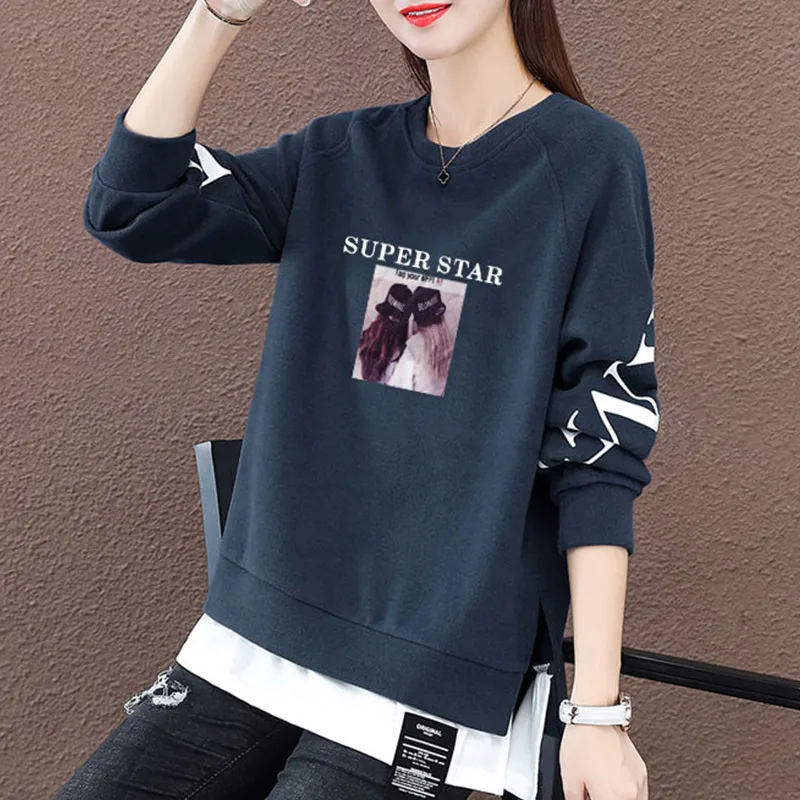 Модная свободная женская толстовка с длинными рукавами и круглым вырезом, имитация двухслойной куртки в корейском стиле, удобный топ из смесового хлопка
Модная свободная женская толстовка с длинными рукавами и круглым вырезом, имитация двухслойной куртки в корейском стиле, удобный топ из смесового хлопка