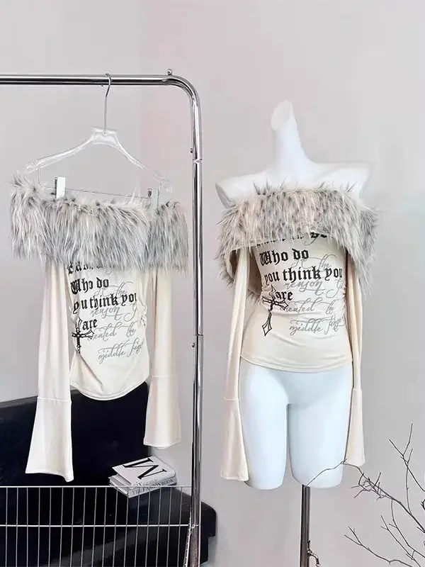 Plush Patchwork Off Shoulder Cross Letter Printed Long Sleeved T-shirt for Women Autumn New Hottie Slim Waist Outerwear Y2k Top
Plush Patchwork Off Shoulder Cross Letter Printed Long Sleeved T-shirt for Women Autumn New Hottie Slim Waist Outerwear Y2k Top
