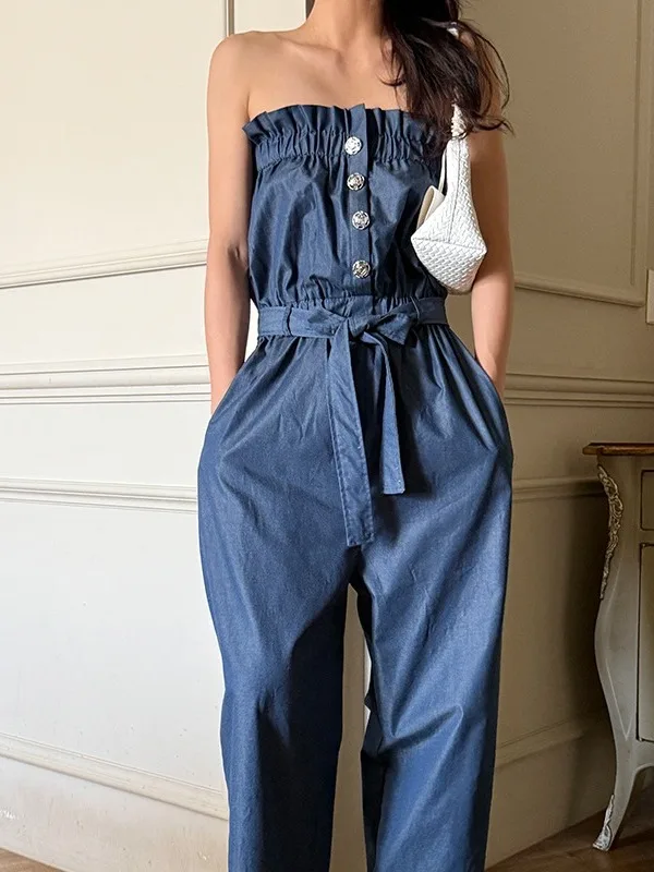 Faionable Summer Denim Jeans Women's New Sle Small Design Sense Button Wood ain Versatile Tube Top Overall Long Pants
Faionable Summer Denim Jeans Women's New Sle Small Design Sense Button Wood ain Versatile Tube Top Overall Long Pants