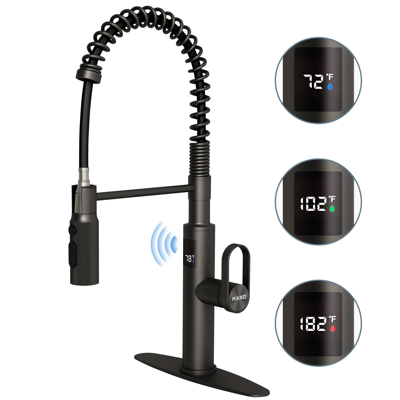 MASO Touchless Spring Kitchen Faucet, Pull-Down, 3 Spray Modes, Temp Display °F, 360° Swivel, Single Handle, Matte Black
MASO Touchless Spring Kitchen Faucet, Pull-Down, 3 Spray Modes, Temp Display °F, 360° Swivel, Single Handle, Matte Black