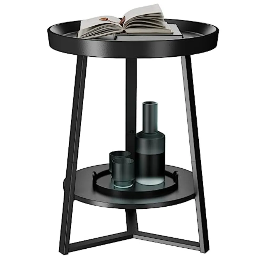 Round end table with storage shelf for living room and bedroom, wood tabletop black metal frame, black, 2-tier farmhouse design
Round end table with storage shelf for living room and bedroom, wood tabletop black metal frame, black, 2-tier farmhouse design