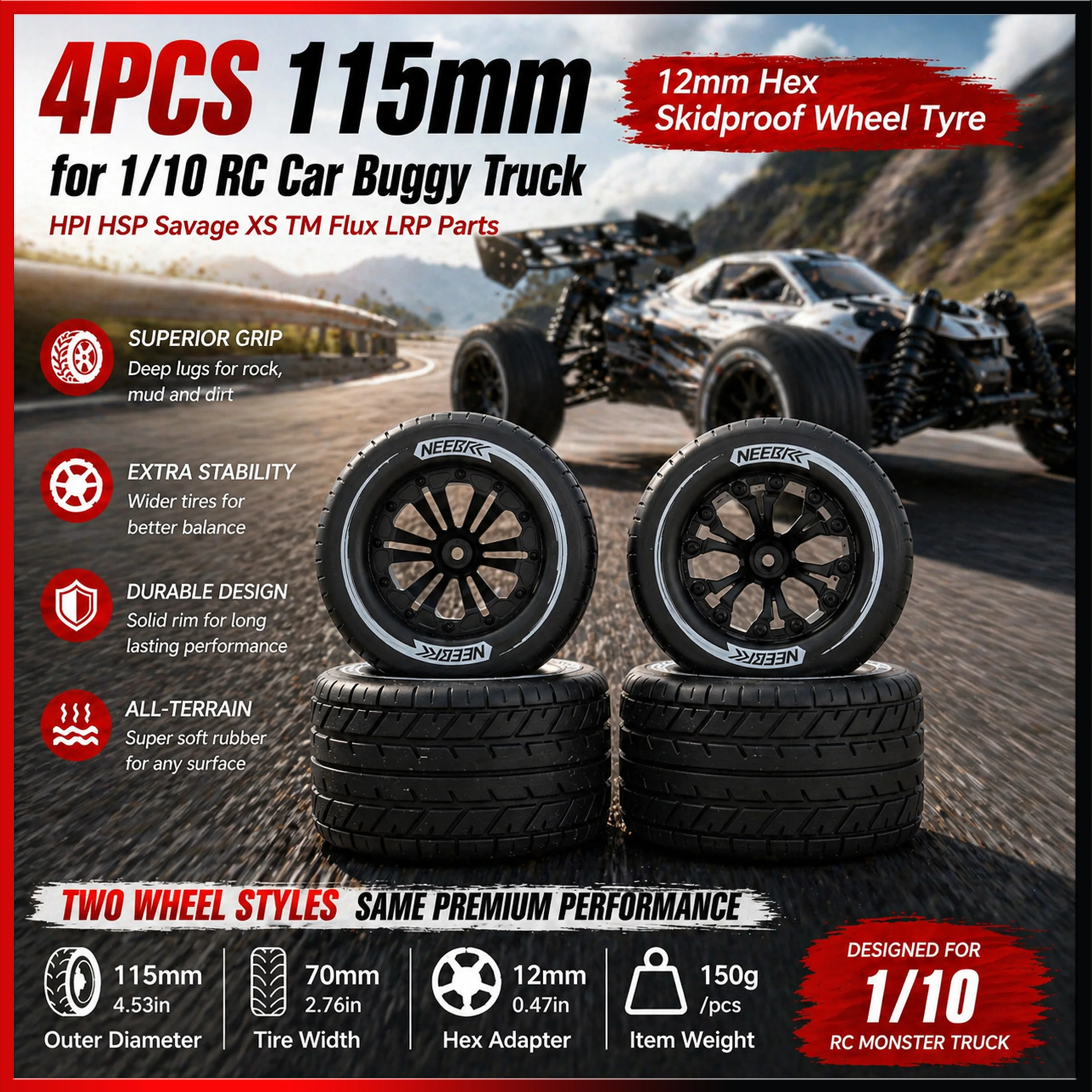 4PCS 115mm RC Tires 12mm Hex Wheel Tyre Skidproof Wear-resistan for 1/10 RC Car Buggy Truck HPI HSP Savage XS TM Flux LRP Parts
4PCS 115mm RC Tires 12mm Hex Wheel Tyre Skidproof Wear-resistan for 1/10 RC Car Buggy Truck HPI HSP Savage XS TM Flux LRP Parts