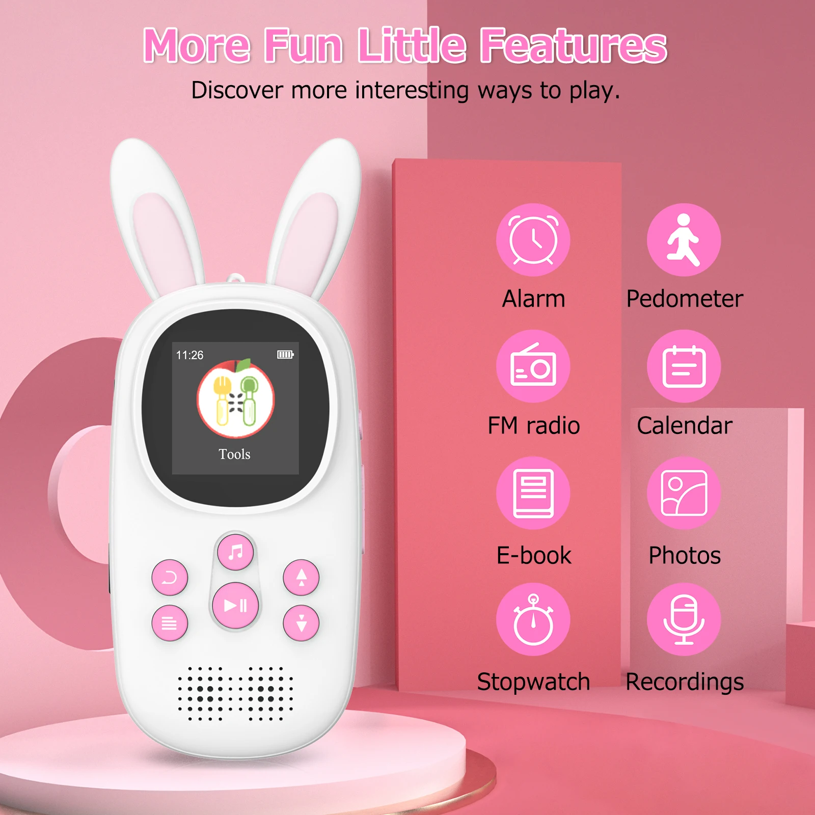 16GB Cute Bunny Bluetooth Kids MP3 Player with Headphones and Speakers with FM Radio, Recording, Alarm Clock, Stopwatch
16GB Cute Bunny Bluetooth Kids MP3 Player with Headphones and Speakers with FM Radio, Recording, Alarm Clock, Stopwatch
