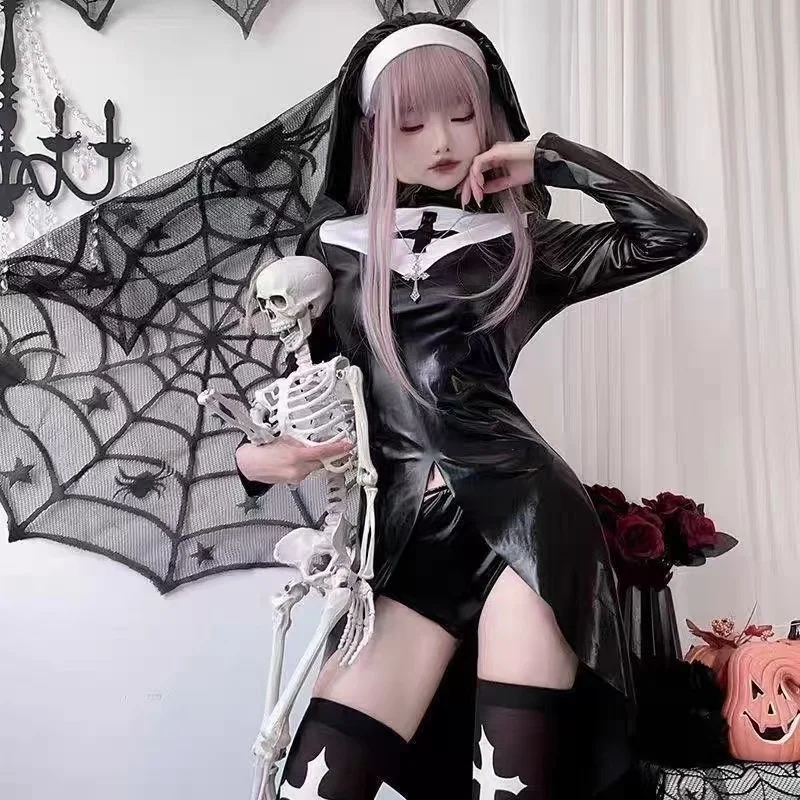 Fallen nun patent leather tight fitting cosplay dress Gothic cross cosplay women's clothing
Fallen nun patent leather tight fitting cosplay dress Gothic cross cosplay women's clothing