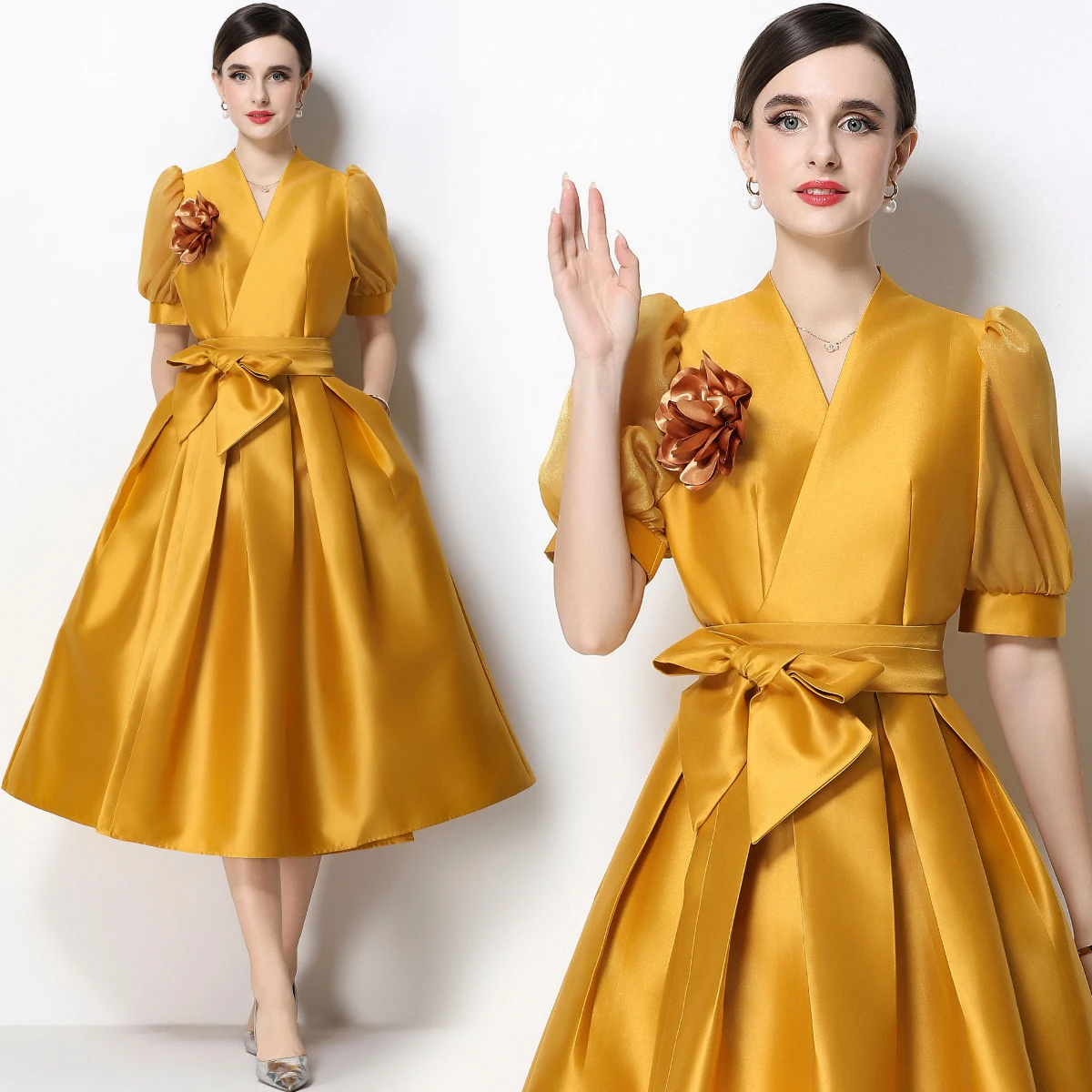 Elegant Satin V-neck Dress with Bubble Sleeves And Bow Tie A-line Gown for Party Floral Print High Waist Midi Skirt for Women
Elegant Satin V-neck Dress with Bubble Sleeves And Bow Tie A-line Gown for Party Floral Print High Waist Midi Skirt for Women