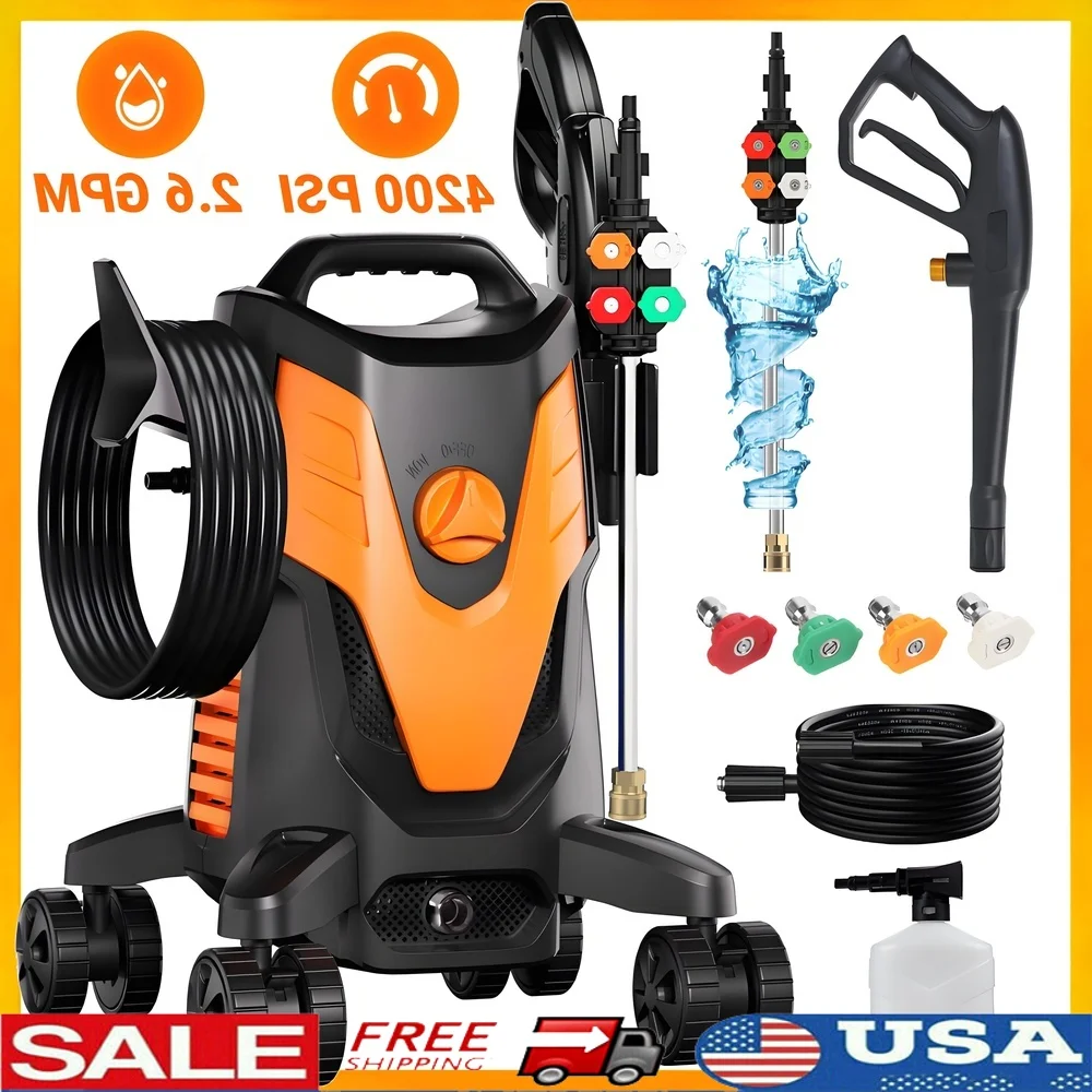 Electric Pressure Washer 4200 PSI High Power 6 GPM with 4 Nozzle Tips Foam Cannon 35 FT Hose 26 FT Cord Portable Cleaning Tool
Electric Pressure Washer 4200 PSI High Power 6 GPM with 4 Nozzle Tips Foam Cannon 35 FT Hose 26 FT Cord Portable Cleaning Tool