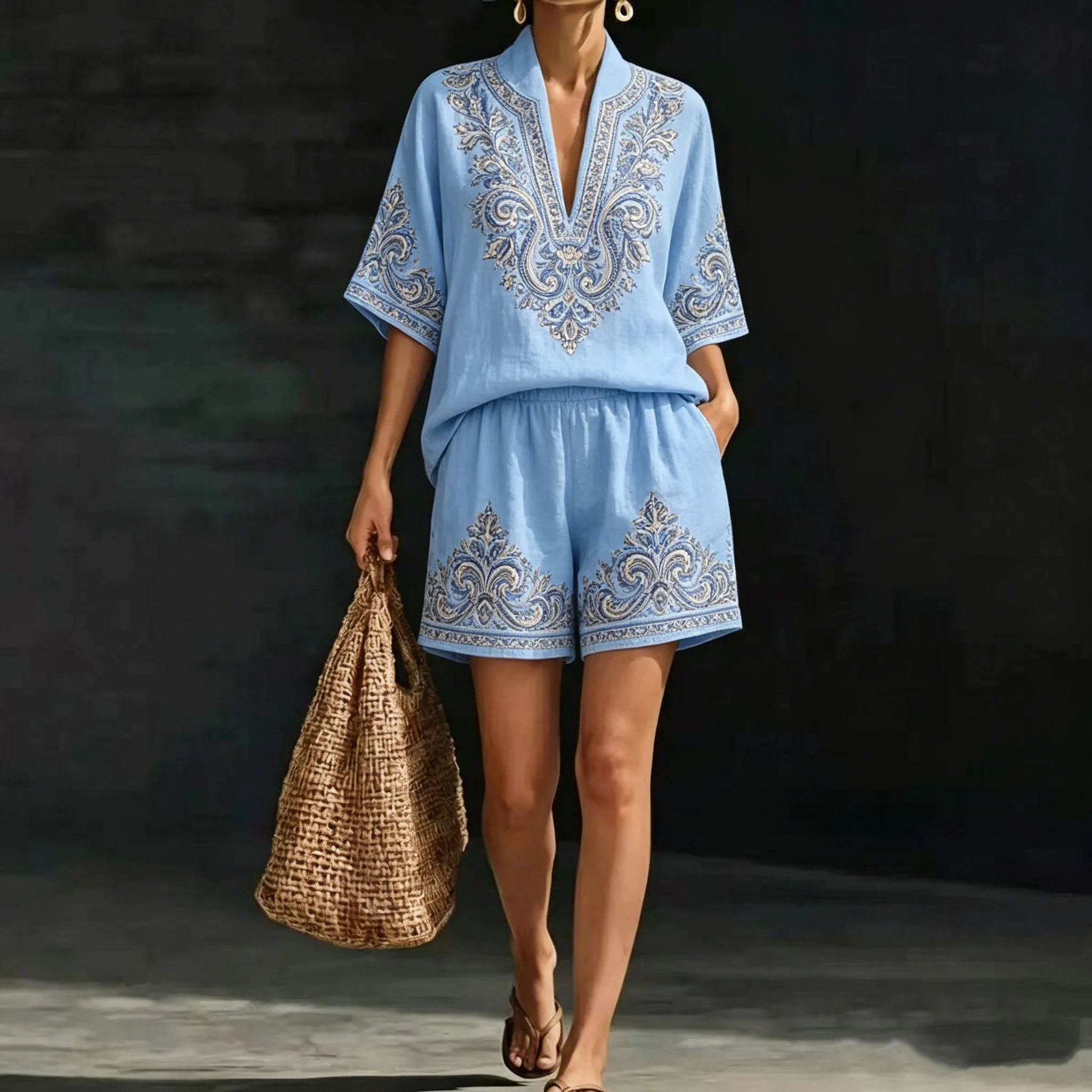 Women Light Blue Boho print Short Vest Top Two-Piece Set Vintage High Waist Summer Short Pants Sets for Female Fashionable Sets
Women Light Blue Boho print Short Vest Top Two-Piece Set Vintage High Waist Summer Short Pants Sets for Female Fashionable Sets