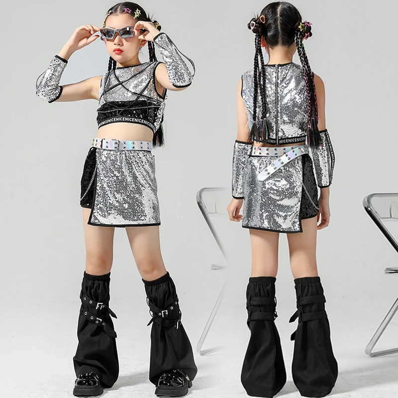 Silver Sequins HipHop Dance Outfit Girls Cheerleading Uniform Tops Skirt Children Festival Clothing Street Dance Costume DL11330
Silver Sequins HipHop Dance Outfit Girls Cheerleading Uniform Tops Skirt Children Festival Clothing Street Dance Costume DL11330