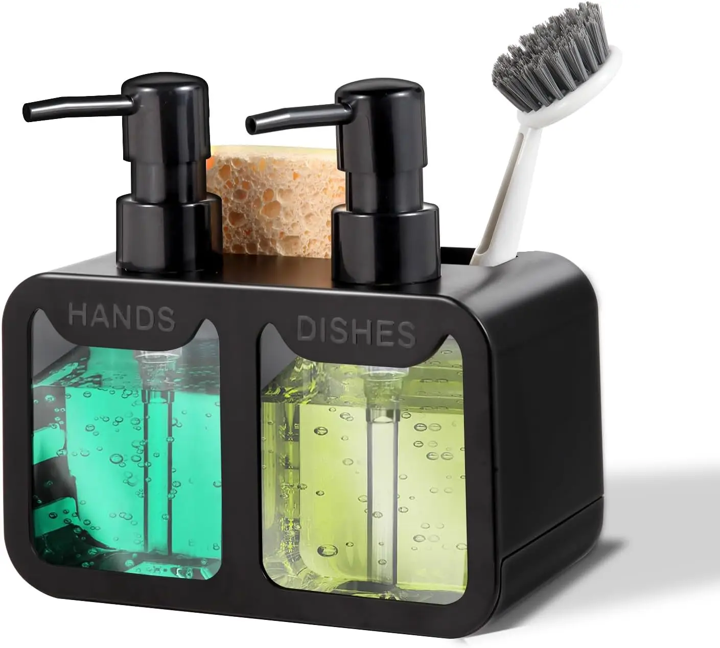4-in-1 Kitchen Soap Dispenser Set with Sponge Caddy & Brush Holder, Dual Bottles for Hand & Dish Soap - Black
4-in-1 Kitchen Soap Dispenser Set with Sponge Caddy & Brush Holder, Dual Bottles for Hand & Dish Soap - Black