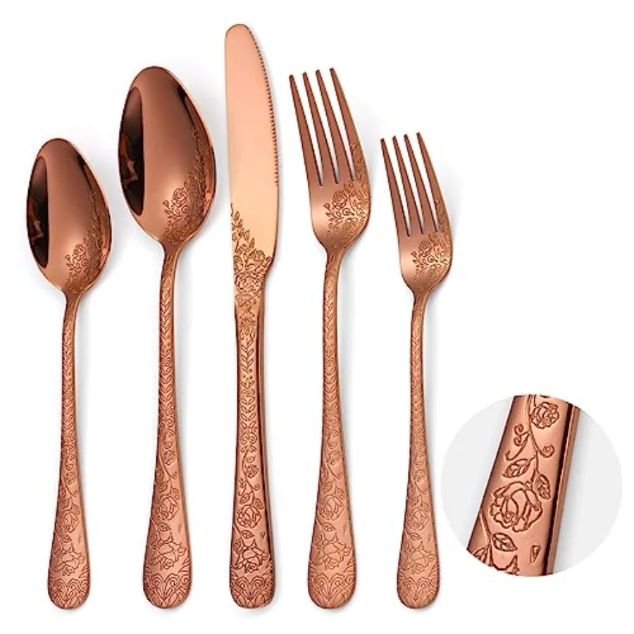 Винтажный набор столовых приборов из нержавеющей стали (30 предметов) для 6 персон: медный/розовое золото, с уникальным цветочным тисненым узором
Винтажный набор столовых приборов из нержавеющей стали (30 предметов) для 6 персон: медный/розовое золото, с уникальным цветочным тисненым узором