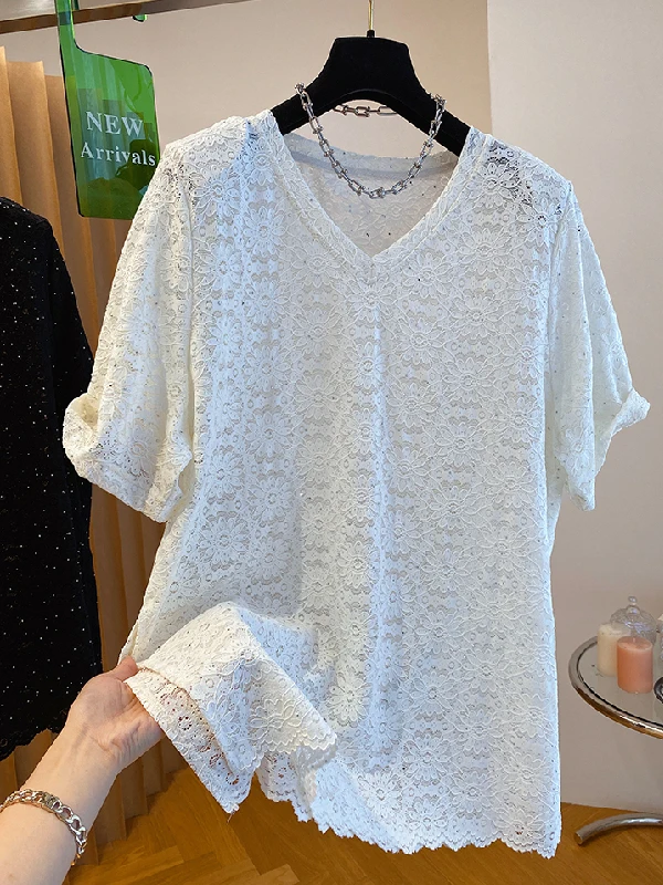 plus Size Women's Lace Shirt Hollow out T-Shirt V-Neck Short Sleeve Loose Fit Summer Top Korean Style Breathable Polyester
plus Size Women's Lace Shirt Hollow out T-Shirt V-Neck Short Sleeve Loose Fit Summer Top Korean Style Breathable Polyester