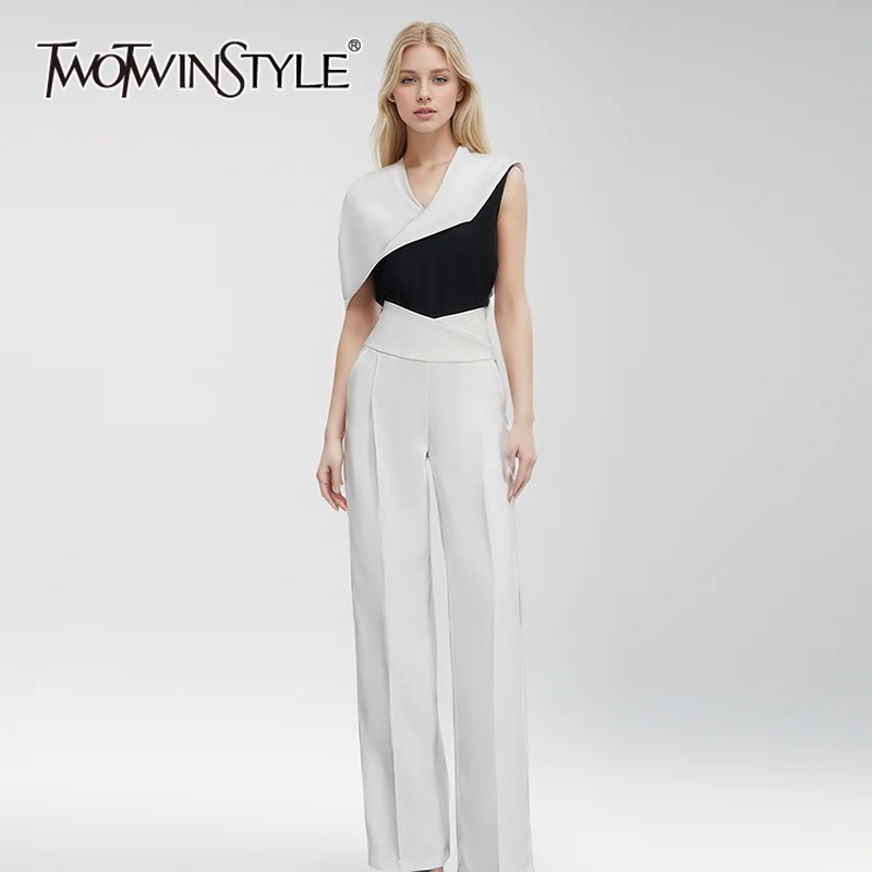 TWOTWINSTYLE Casual Colorblock Two Piece Set For Women V Neck Sleeveless Top High Waist Wide Leg Pant Chic Sets Female KSE505368
TWOTWINSTYLE Casual Colorblock Two Piece Set For Women V Neck Sleeveless Top High Waist Wide Leg Pant Chic Sets Female KSE505368