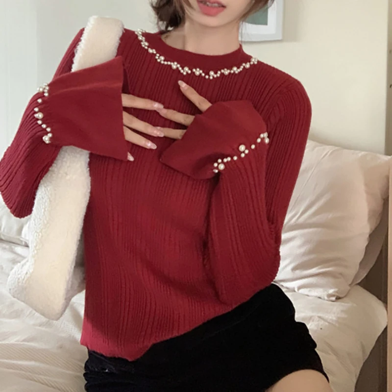 New Women's Pullover Autumn Winter Fashion Round Neck Trumpet Sleeve Knitted Sweater Korean Solid Color Nail Bead Slimming Top
New Women's Pullover Autumn Winter Fashion Round Neck Trumpet Sleeve Knitted Sweater Korean Solid Color Nail Bead Slimming Top