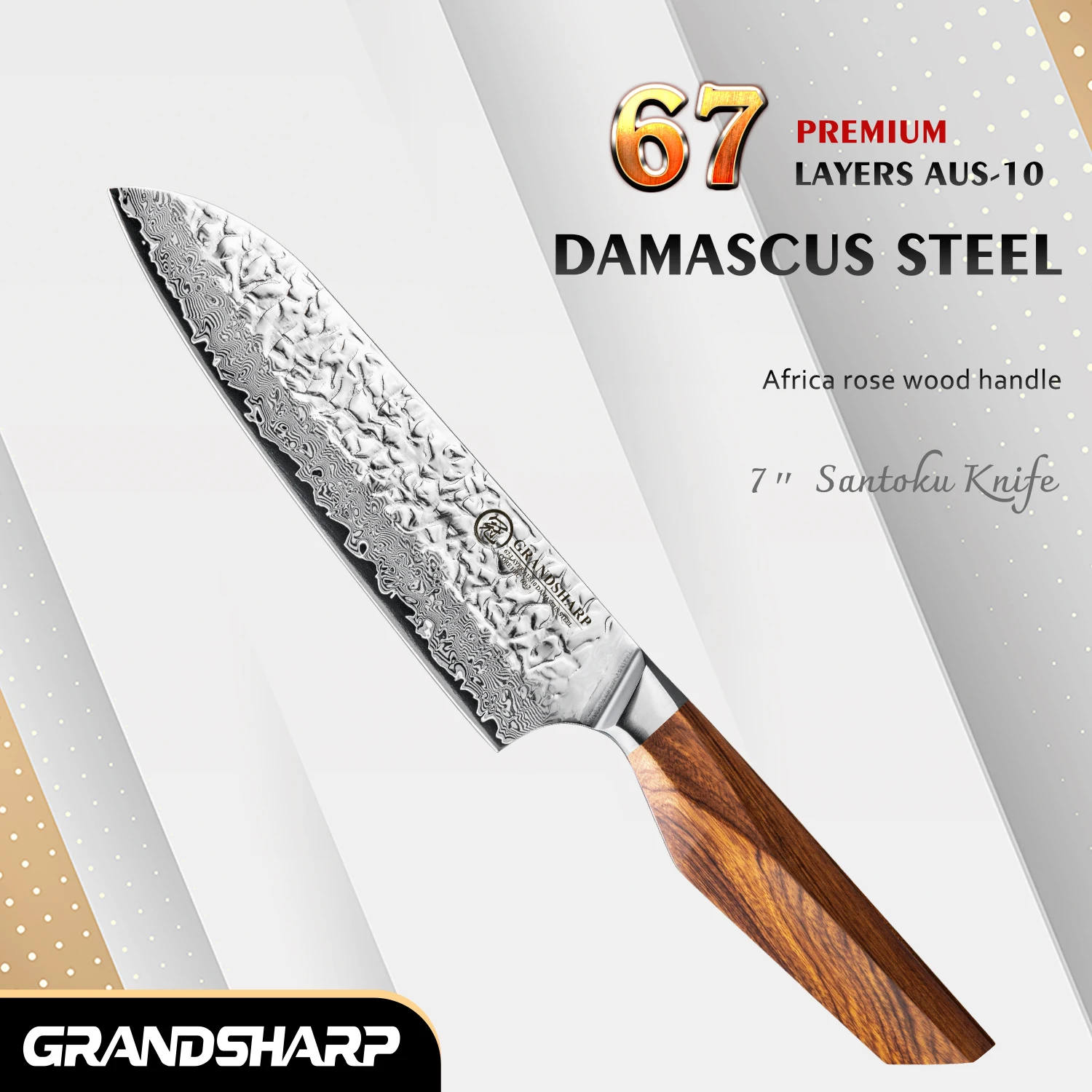 Grandsharp Professional 7 Inch Santoku Knife 67 Layers Damascus Steel Aus10 Kitchen Knives Chef Cooking Tools with Wood Handle
Grandsharp Professional 7 Inch Santoku Knife 67 Layers Damascus Steel Aus10 Kitchen Knives Chef Cooking Tools with Wood Handle