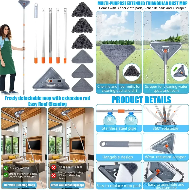Wall Mop with Long Handle 360 ° Rotating Triangle Microfiber Wall Cleaning Mop Adjustable Dry and Wet Dust Mop Cleaner for
Wall Mop with Long Handle 360 ° Rotating Triangle Microfiber Wall Cleaning Mop Adjustable Dry and Wet Dust Mop Cleaner for