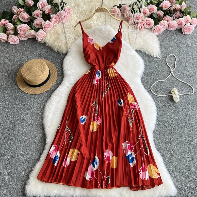 Summer Vintage Holiday Style Dress New Fashion Design Sense Irregular Printing Midi Long Sling Dress Women Pleated Dress Vestido
Summer Vintage Holiday Style Dress New Fashion Design Sense Irregular Printing Midi Long Sling Dress Women Pleated Dress Vestido