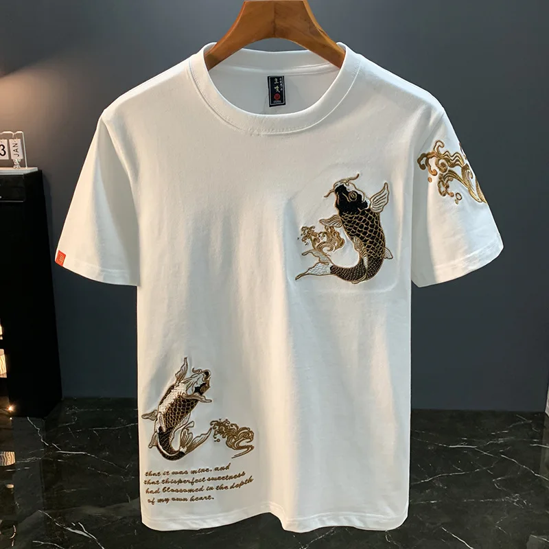 Ethnic style Koi embroidery short sleeved T-shirt for men's summer 2025 new Chinese style trendy loose men's clothing
Ethnic style Koi embroidery short sleeved T-shirt for men's summer 2025 new Chinese style trendy loose men's clothing