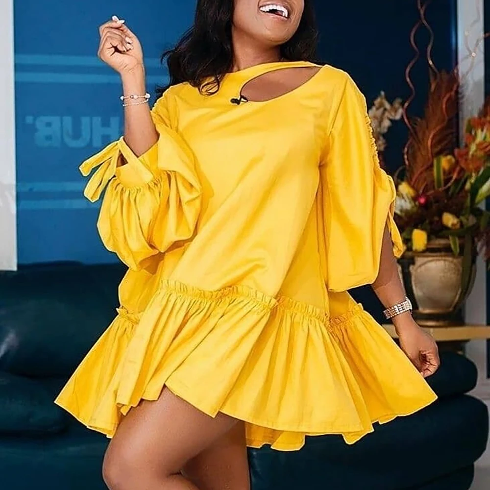 Plus Size Hollow Out Sexy Women Dress Solid Lace Up 3/4 Sleeve Loose Elegant Ruffle Big Hem Crew Neck Female Autumn Mini Dresses
Plus Size Hollow Out Sexy Women Dress Solid Lace Up 3/4 Sleeve Loose Elegant Ruffle Big Hem Crew Neck Female Autumn Mini Dresses