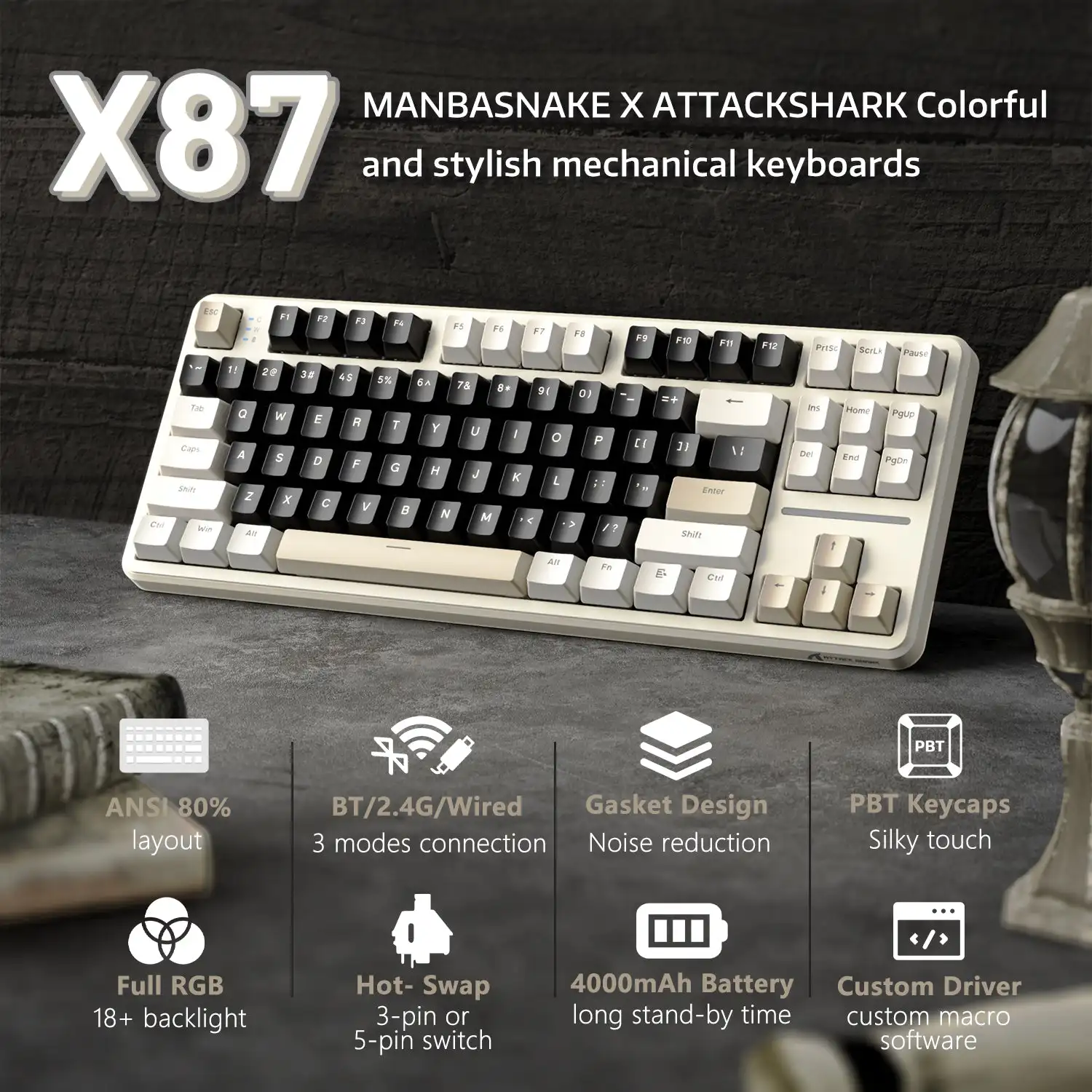 ATTACK SHARK X87 Mechanical Wireless Gaming Keyboard Tri-Mode BT5.0/2.4G/USB-C Gasket Hot Swappable Custom Keyboard Pre-lube
ATTACK SHARK X87 Mechanical Wireless Gaming Keyboard Tri-Mode BT5.0/2.4G/USB-C Gasket Hot Swappable Custom Keyboard Pre-lube