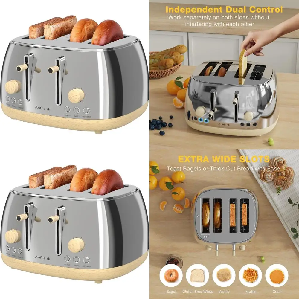 4-Slice Retro Style Stainless Steel Toaster with Wide Slots, Dual Controls, Cancel, Bagel, Defrost, Removable Crumb Tray
4-Slice Retro Style Stainless Steel Toaster with Wide Slots, Dual Controls, Cancel, Bagel, Defrost, Removable Crumb Tray