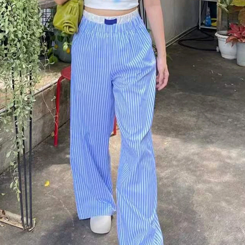 Elastic High Waist Casual Striped Pants Blue Comfortable Loose Fit Trousers Casual Wear Slightly Elastic Waist Vacation Clothing
Elastic High Waist Casual Striped Pants Blue Comfortable Loose Fit Trousers Casual Wear Slightly Elastic Waist Vacation Clothing
