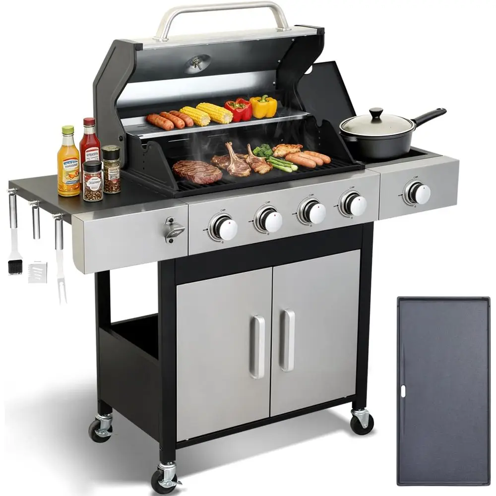 4-Burner Propane Gas Grill with Cast Iron Grates, Storage, Side Burner, and Oil Drip Tray - Ideal for Outdoor Cooking in Gardens
4-Burner Propane Gas Grill with Cast Iron Grates, Storage, Side Burner, and Oil Drip Tray - Ideal for Outdoor Cooking in Gardens