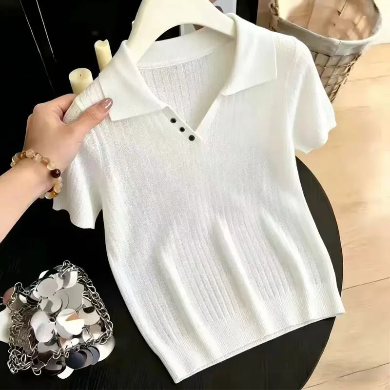 Knitted Sweater Women Pullovers Turn Down Collar New Sueters De Mujer Summer Short Sleeve Knit Sweater Pullover Women Tops Q4007
Knitted Sweater Women Pullovers Turn Down Collar New Sueters De Mujer Summer Short Sleeve Knit Sweater Pullover Women Tops Q4007