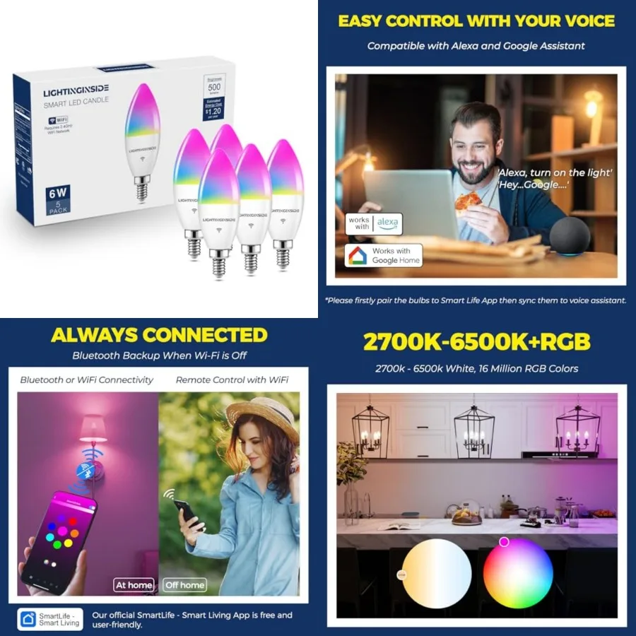 E12 Smart Light Bulbs 60W Equiv., 500LM 6W RGBCW Candelabra Chandelier Candle Bulb Works with Alexa/Google Home/Smart Life, 2.4
E12 Smart Light Bulbs 60W Equiv., 500LM 6W RGBCW Candelabra Chandelier Candle Bulb Works with Alexa/Google Home/Smart Life, 2.4