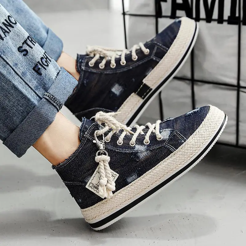 Men's Distressed Denim High Top Sneakers Vintage Ripped Canvas Shoes Fashion Breathable Skateboard Shoes for Men Trend Sneakers
Men's Distressed Denim High Top Sneakers Vintage Ripped Canvas Shoes Fashion Breathable Skateboard Shoes for Men Trend Sneakers