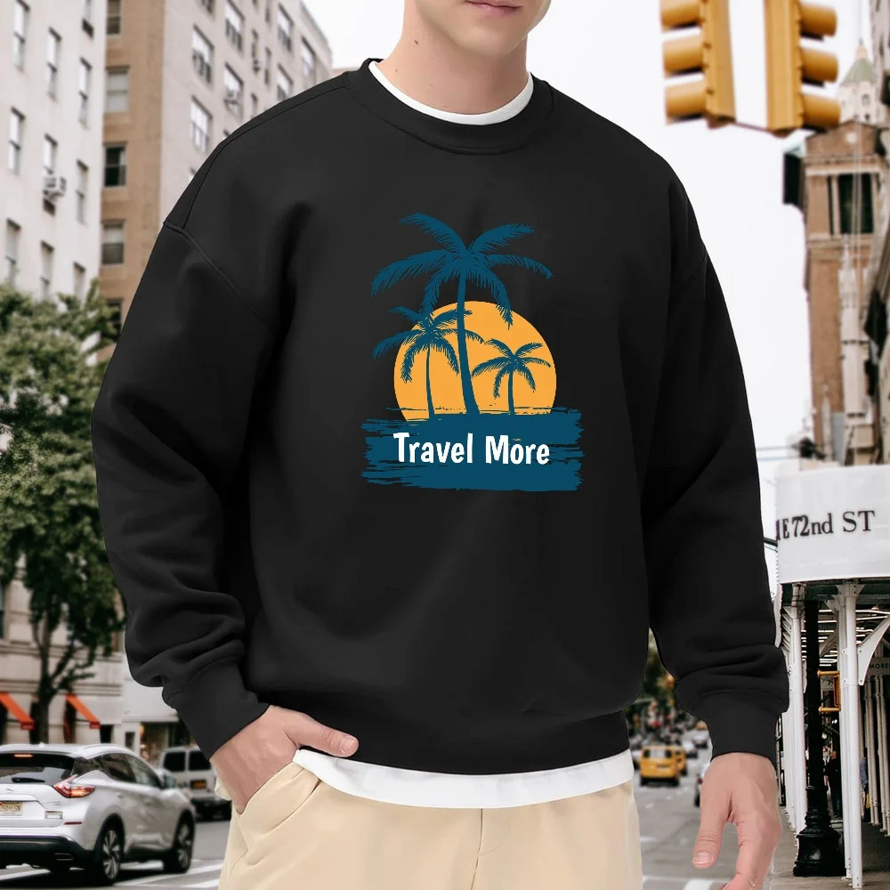 Men's Black Crew Neck Pullover Sweatshirt with Coconut Tree Sunset Print and "Travel More" Lettering, Loose Casual Top, Comfortable Style for Everyday Street Wear
Men's Black Crew Neck Pullover Sweatshirt with Coconut Tree Sunset Print and "Travel More" Lettering, Loose Casual Top, Comfortable Style for Everyday Street Wear