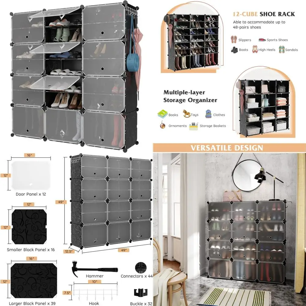 Shoe Organizer 48 Pairs Storage Cabinet with 12 Cubes, Removable Shelves, 5 Hooks, DIY Shoe Rack for Home
Shoe Organizer 48 Pairs Storage Cabinet with 12 Cubes, Removable Shelves, 5 Hooks, DIY Shoe Rack for Home