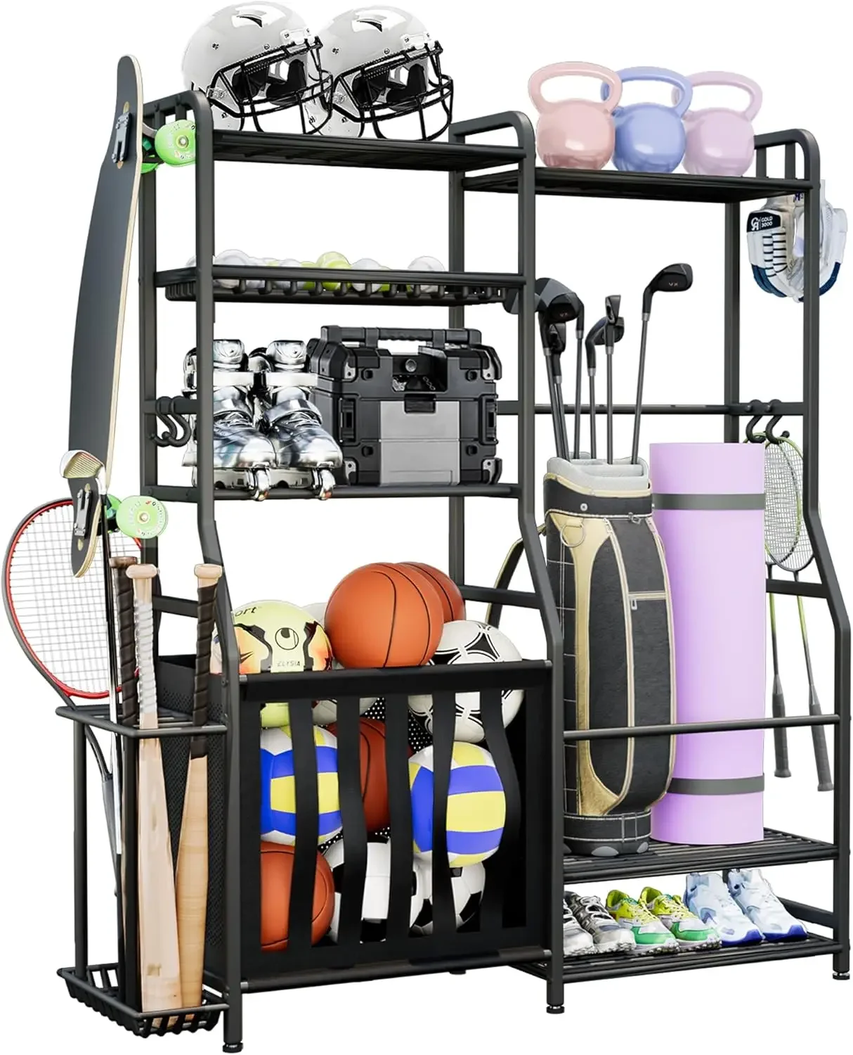 Garage Sports Equipment Organizer, Golf Bag Storage Rack, Heavy Duty Ball Holder with Basket & Hooks, Indoor/Outdoor Basketball
Garage Sports Equipment Organizer, Golf Bag Storage Rack, Heavy Duty Ball Holder with Basket & Hooks, Indoor/Outdoor Basketball