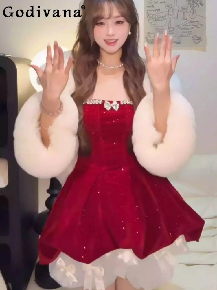 Autumn Winter Christmas Sexy Girl Velvet Strapless Red Dress Heavy Industry High Waist A-line Fashion Slim Korean Party Dresses
Autumn Winter Christmas Sexy Girl Velvet Strapless Red Dress Heavy Industry High Waist A-line Fashion Slim Korean Party Dresses