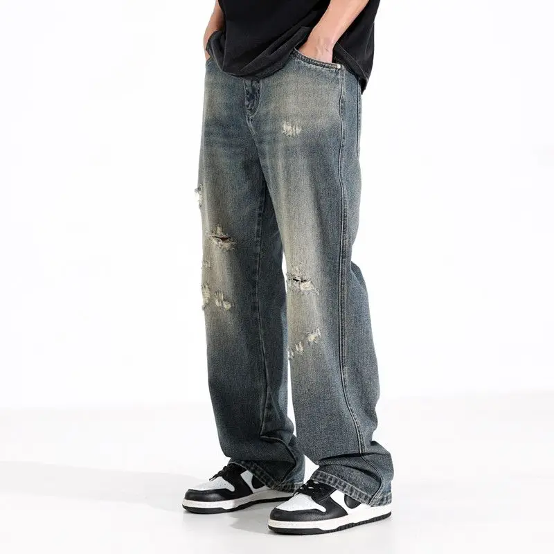 Retro Distressed Wide Leg Jeans Men Summer Thin Loose Long Pants Casual Straight Cut Trousers Low Waist Classic Blue Denim
Retro Distressed Wide Leg Jeans Men Summer Thin Loose Long Pants Casual Straight Cut Trousers Low Waist Classic Blue Denim