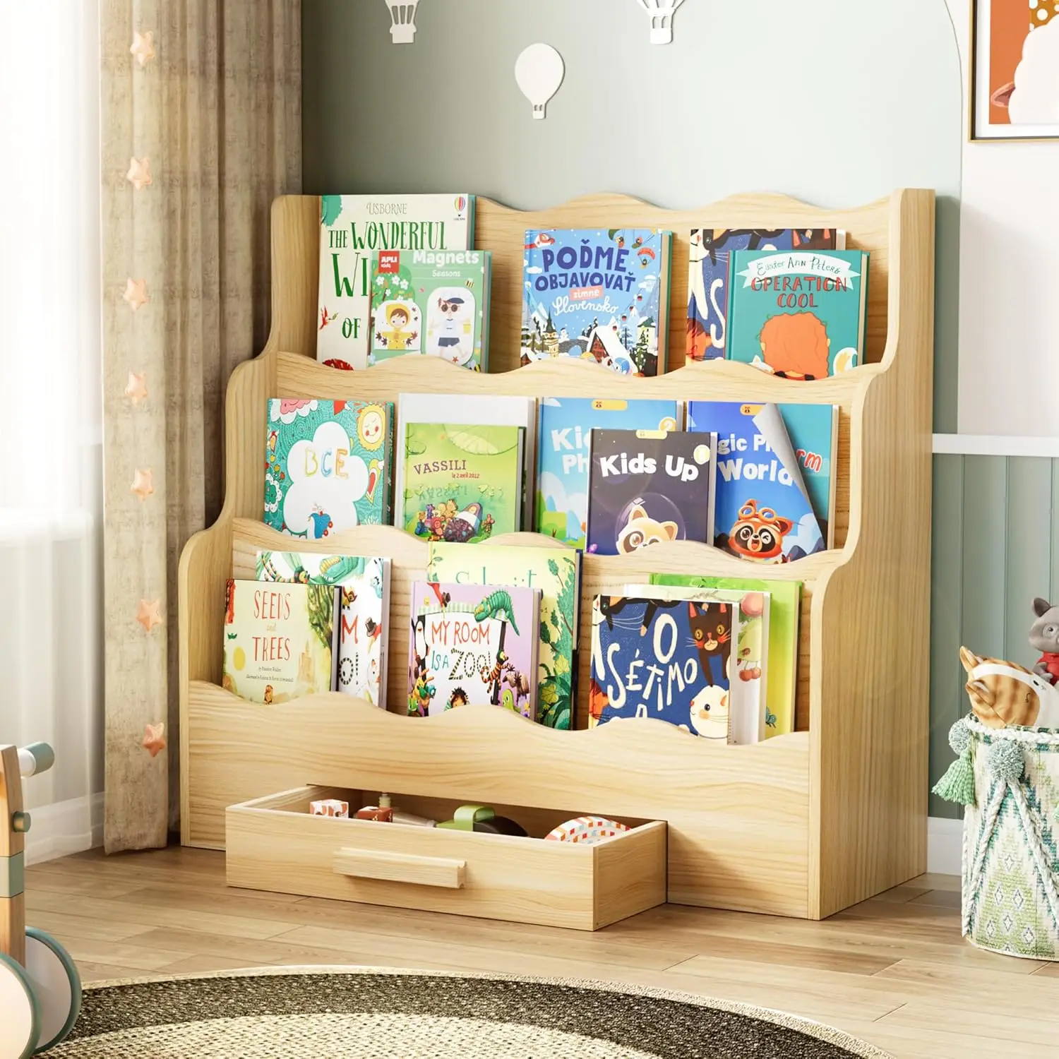 3-Tier Scalloped Kids Bookshelf, 29.6" Wide Forward Facing Bookcase for Toddlers, Wood
3-Tier Scalloped Kids Bookshelf, 29.6" Wide Forward Facing Bookcase for Toddlers, Wood