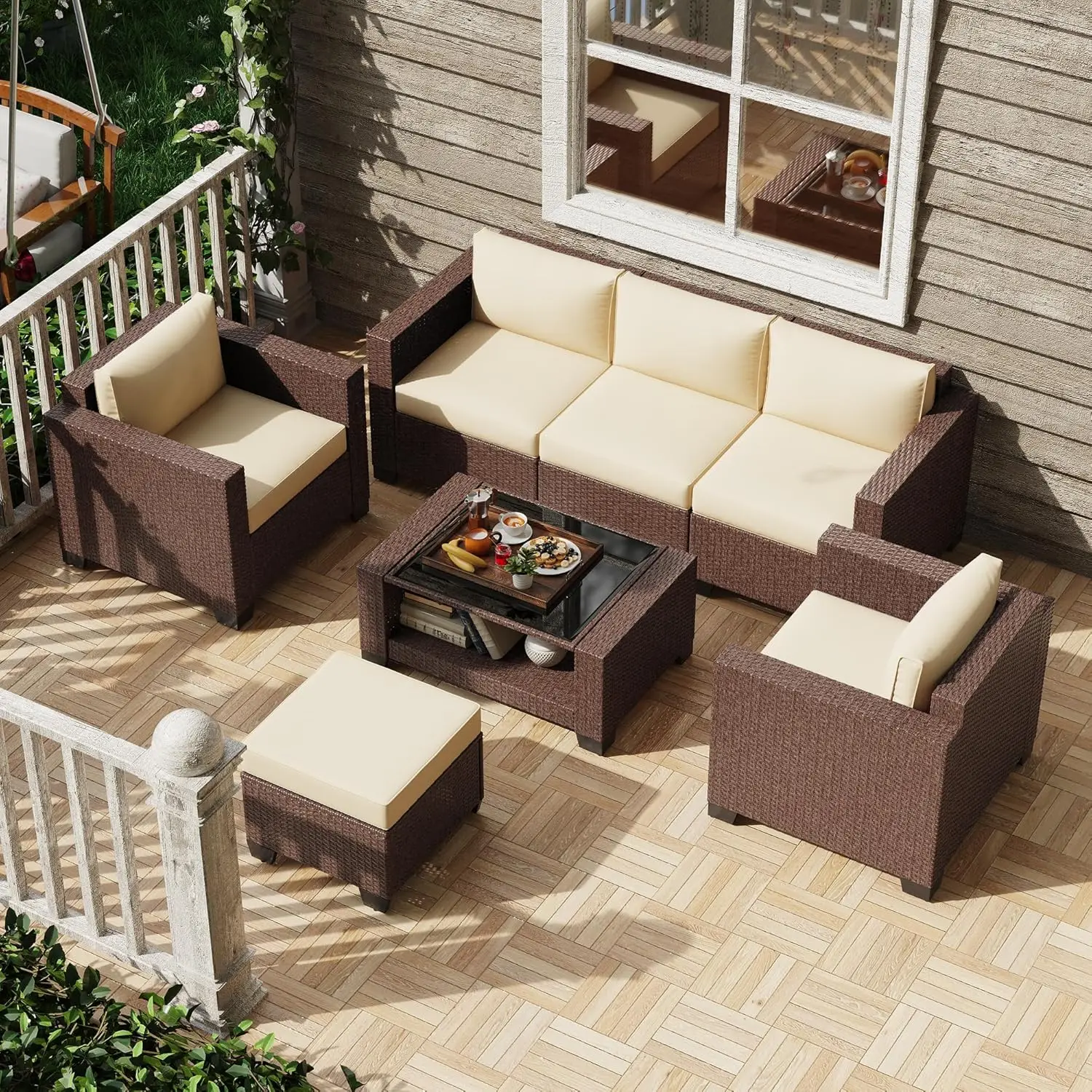 Patio Furniture Set 7 PCS Patio Conversation Sets, All-Weather PE Rattan Outdoor Sectional Sofa with Cushion and 2-, Customized
Patio Furniture Set 7 PCS Patio Conversation Sets, All-Weather PE Rattan Outdoor Sectional Sofa with Cushion and 2-, Customized