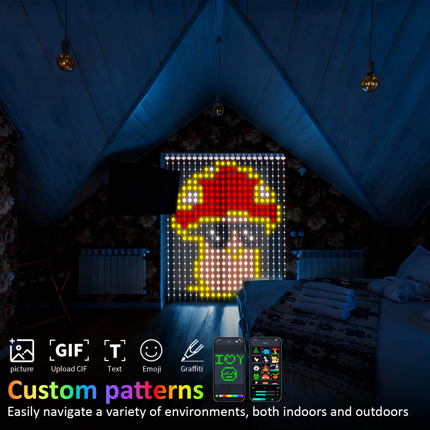 Pattern LED Light with APP Control -400-LED,USB Powered Music-Synced RGB Lights,DIY Smart Curtain Lights|
Pattern LED Light with APP Control -400-LED,USB Powered Music-Synced RGB Lights,DIY Smart Curtain Lights|