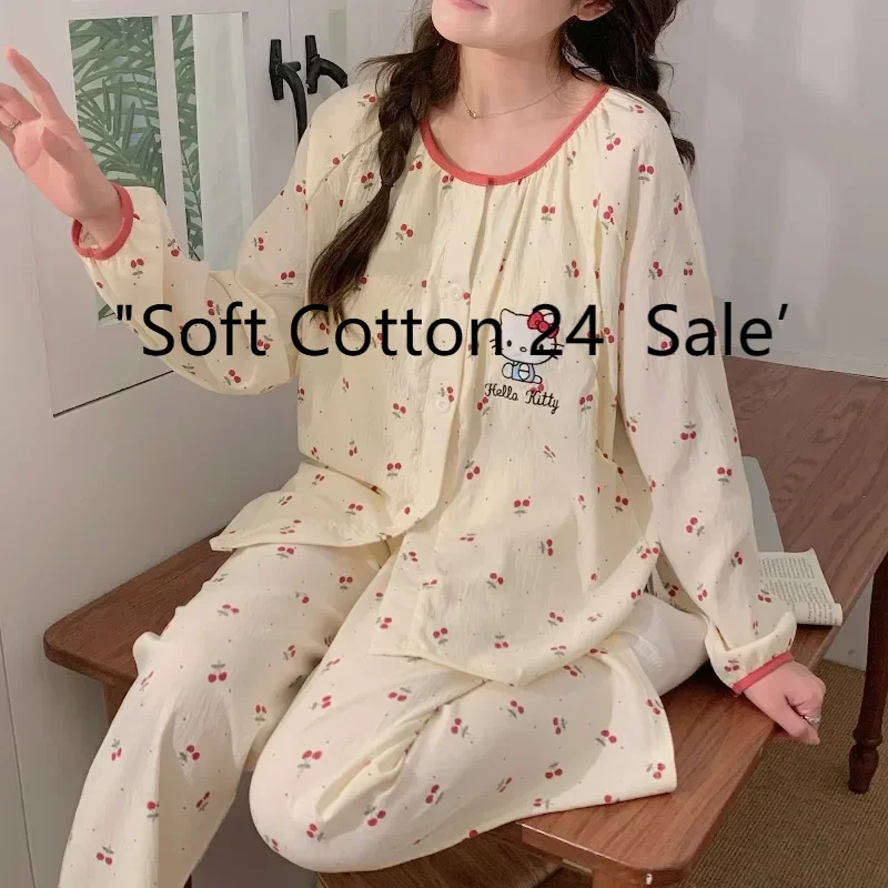 Summer new beige round neck cloud cotton cartoon Hello Kitty pajamas long sleeves trousers loungewear can be worn out
Summer new beige round neck cloud cotton cartoon Hello Kitty pajamas long sleeves trousers loungewear can be worn out