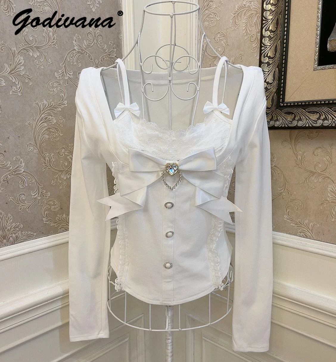 French Style Girls Sweet Bow Love Rhinestone Lace Slim Fit Short Top White T-shirt Spring and Autumn Women's Lolita Basic Shirt
French Style Girls Sweet Bow Love Rhinestone Lace Slim Fit Short Top White T-shirt Spring and Autumn Women's Lolita Basic Shirt