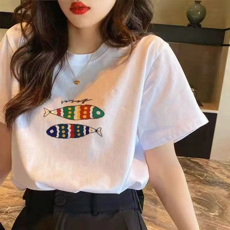 New white 100% pure cotton T-shirt short sleeved women's summer niche design base shirt Korean loose print versatile top trend 
New white 100% pure cotton T-shirt short sleeved women's summer niche design base shirt Korean loose print versatile top trend
