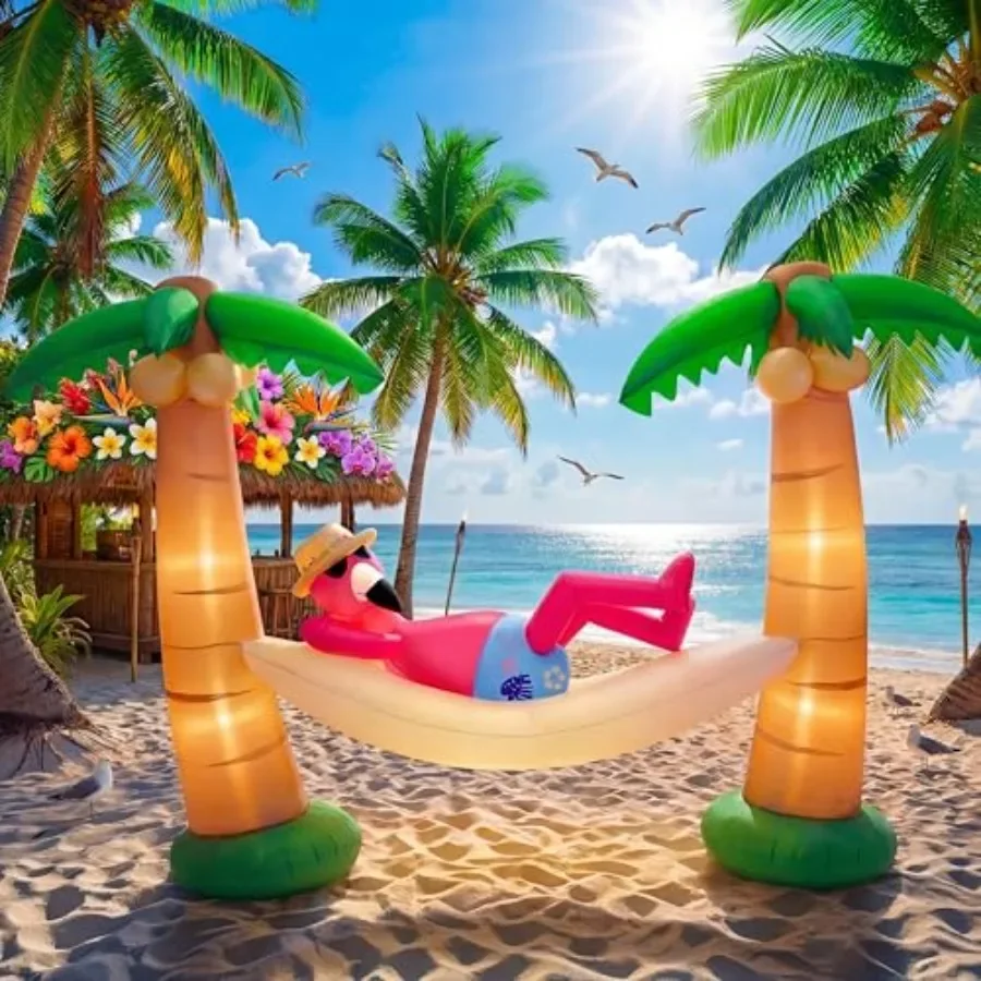 Outdoor luau decoration: inflatable flamingo in hammock with palm trees, PVC material, pink and green, 5 ft LED lighted for poo
Outdoor luau decoration: inflatable flamingo in hammock with palm trees, PVC material, pink and green, 5 ft LED lighted for poo