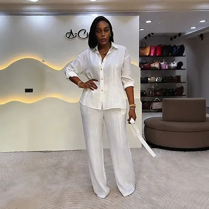 New European and American women's fashion two-piece set: lapel tie shirt with high-waisted wide-leg pants, stylish and casual
New European and American women's fashion two-piece set: lapel tie shirt with high-waisted wide-leg pants, stylish and casual