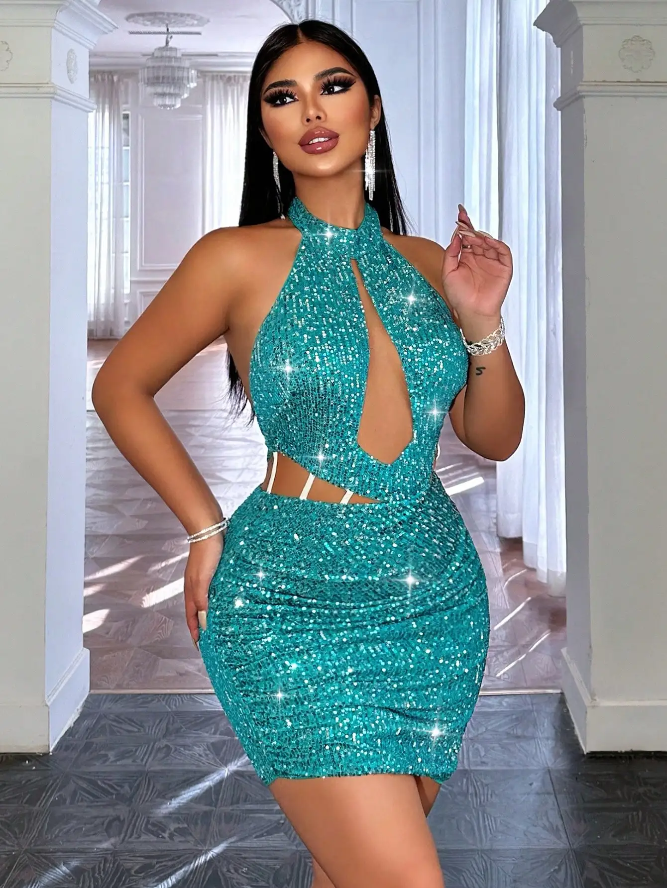 Teal Sequin Halter Neck Bodycon Dress with Cutouts for Party, Cocktail, Wedding Guest
Teal Sequin Halter Neck Bodycon Dress with Cutouts for Party, Cocktail, Wedding Guest