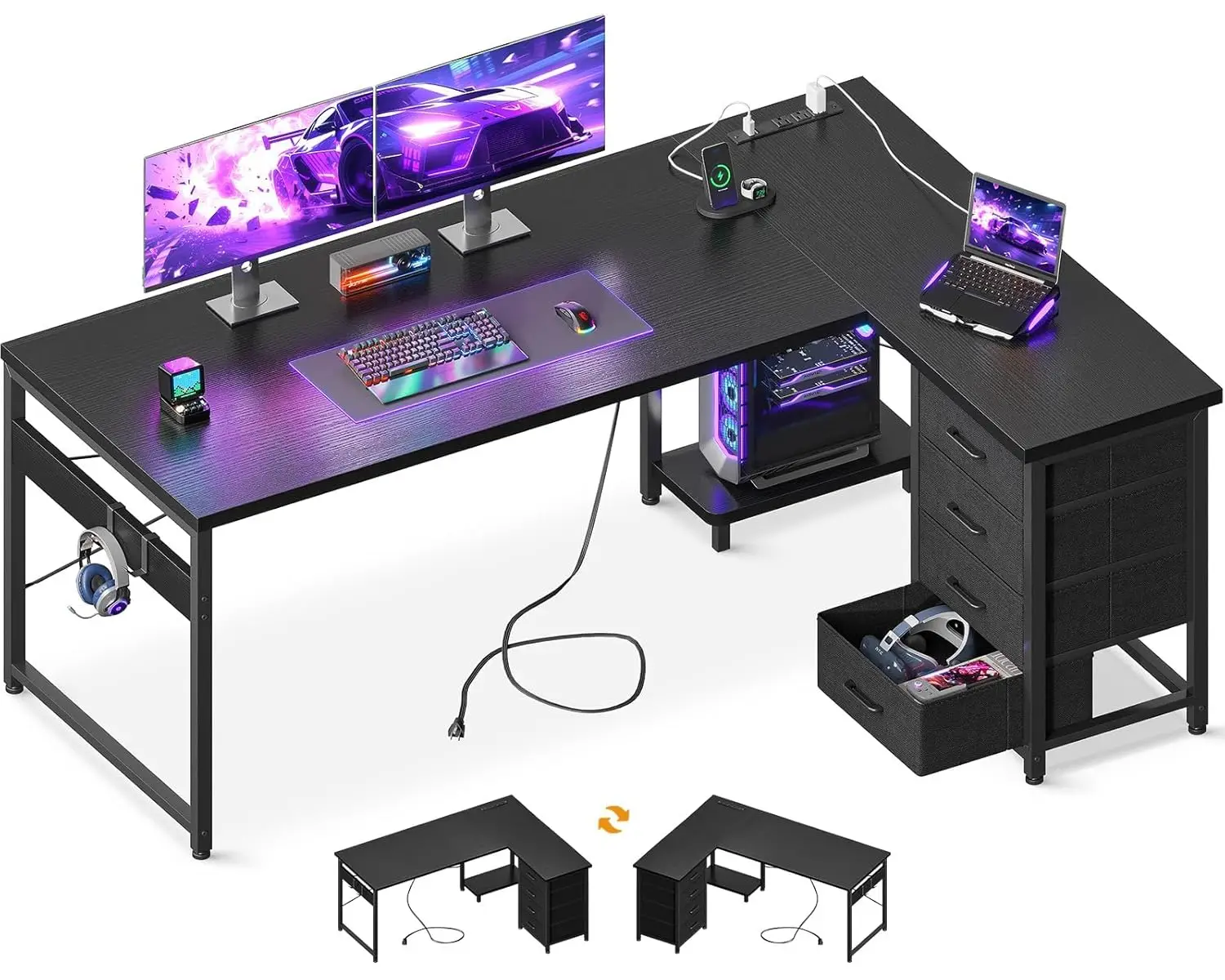 L-Shaped Gaming Desk 4-Drawer 61" Reversible Power Outlets USB Port Host Stand Corner Office, Customized
L-Shaped Gaming Desk 4-Drawer 61" Reversible Power Outlets USB Port Host Stand Corner Office, Customized