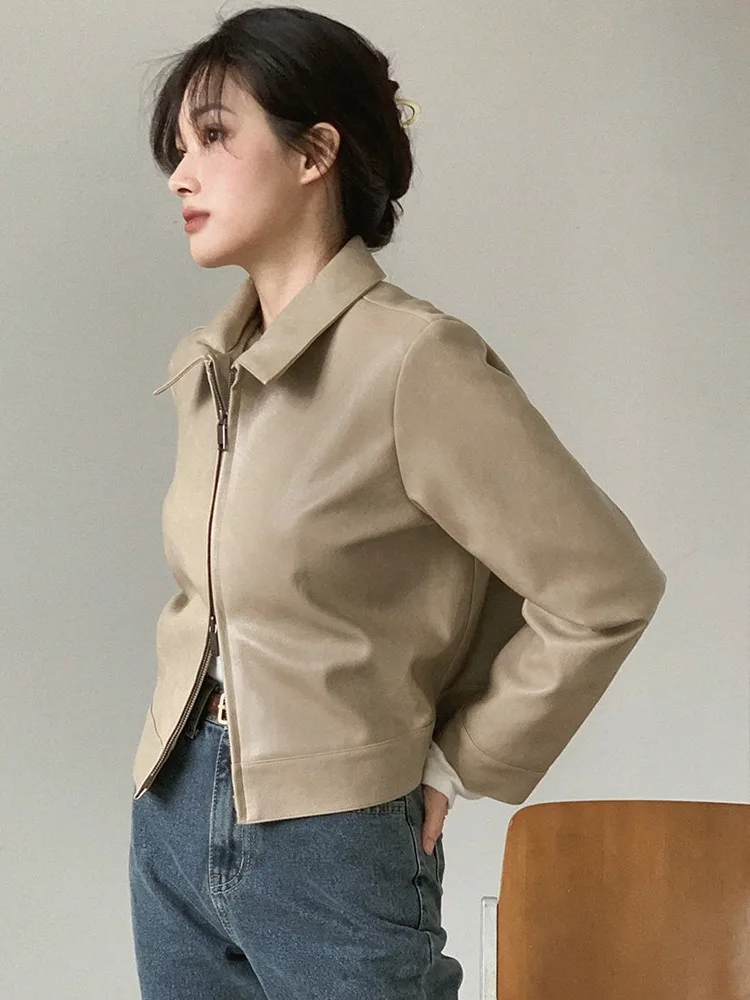 Retro Sle Casual Loose Jaet Leather Coat Double Head Zipper Turn-down Collar Versatile Outerwear for Women All Seasons
Retro Sle Casual Loose Jaet Leather Coat Double Head Zipper Turn-down Collar Versatile Outerwear for Women All Seasons