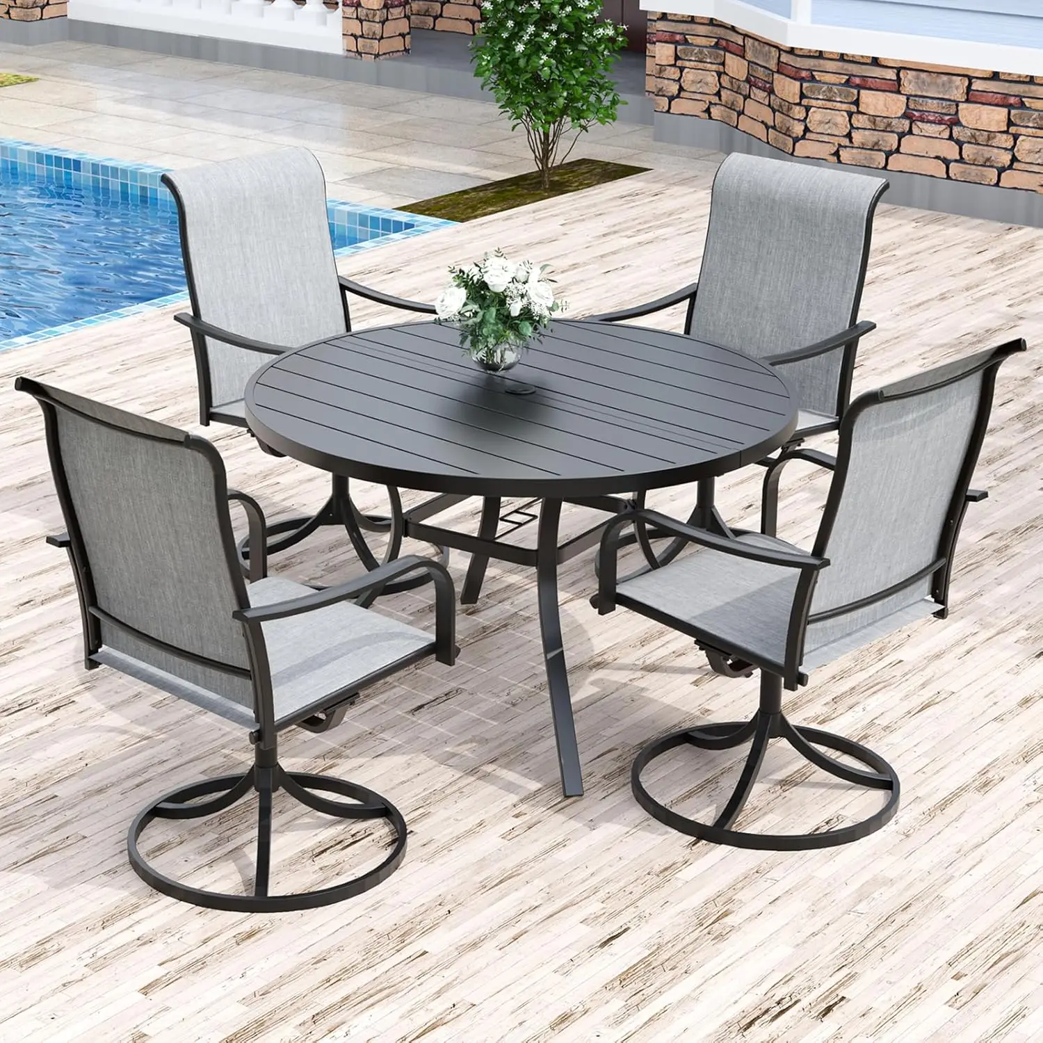5-Piece Outdoor Dining Set, 48' Round Table with 4 Swivel Textilene Chairs All Weather Furniture Set
5-Piece Outdoor Dining Set, 48' Round Table with 4 Swivel Textilene Chairs All Weather Furniture Set