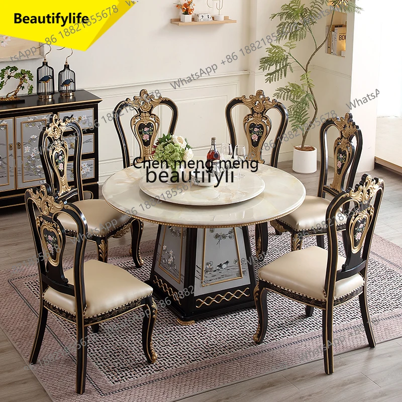 E153 New Chinese Style French Villa Retro Painted Marble Round Household Solid Wood Dining Table and Chairs
E153 New Chinese Style French Villa Retro Painted Marble Round Household Solid Wood Dining Table and Chairs