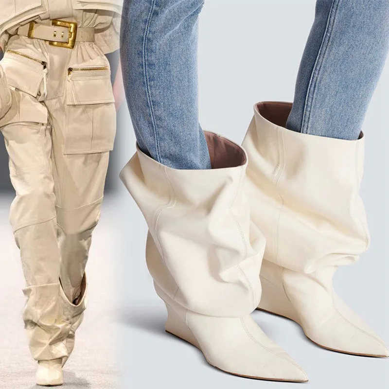 Pointed Toe Loose-Fitting Wedge Leather Shoes Pleated Slip-On Mid-Calf Women's Slouch Boot Plus Size Runway Knee-High Boots Lady
Pointed Toe Loose-Fitting Wedge Leather Shoes Pleated Slip-On Mid-Calf Women's Slouch Boot Plus Size Runway Knee-High Boots Lady