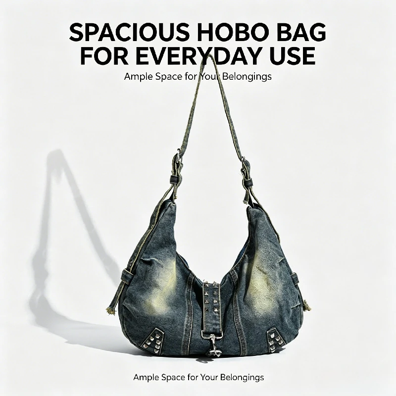 Vintage Washed Denim Hobo Bag, Studded Rivet Design, Large Capacity Crossbody Shoulder Bag for Y2K Streetwear & Daily Use
Vintage Washed Denim Hobo Bag, Studded Rivet Design, Large Capacity Crossbody Shoulder Bag for Y2K Streetwear & Daily Use