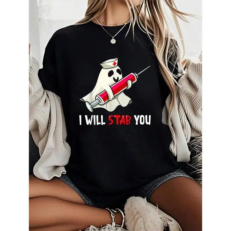 Funny Halloween T-shirt for Nurse Medical Staff I Will Stab You Slogan Tee Cute Ghost Graphic Top
Funny Halloween T-shirt for Nurse Medical Staff I Will Stab You Slogan Tee Cute Ghost Graphic Top